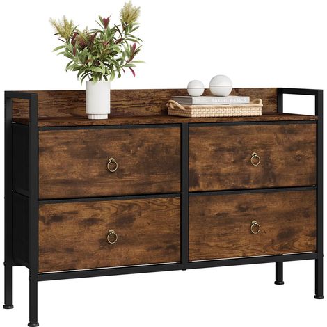 Kommode 4 Stoffschubladen 100x69x29 cm – Vintage brauner Aufbewahrungsschrank für Schlafzimmer, Wohnzimmer & Flur