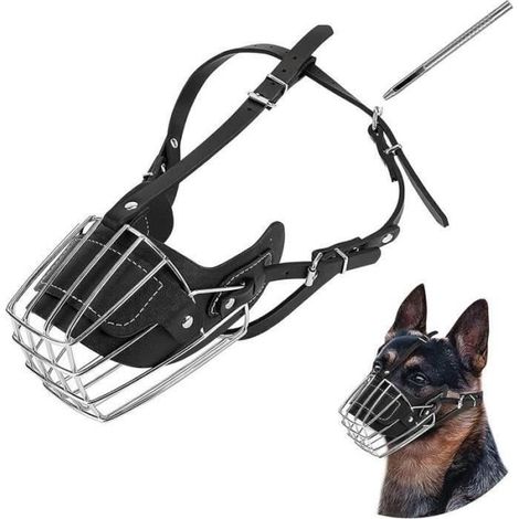 Hundemaulkorb, Metallkorb für das Hundegesicht, atmungsaktives Maul, Lederleine für große Hunde (Größe L) (1/4)
