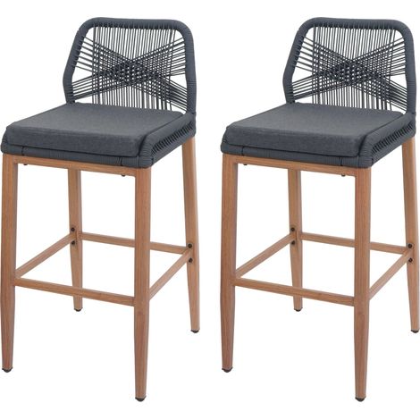 Lot de 2 tabourets de bar extérieur avec dossier cordage élastique décoratif et repose-pieds structure acier effet bois coussins gris foncé 040009643