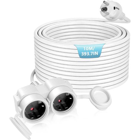 Rallonge électrique avec Deux Prises et couvercles Anti-poussière, Prise extérieure étanche, rallonge avec Prise intérieure/extérieure, Puissance maximale 3500 W, 16 A 250 V, IP44,10m Blanc (1/5)