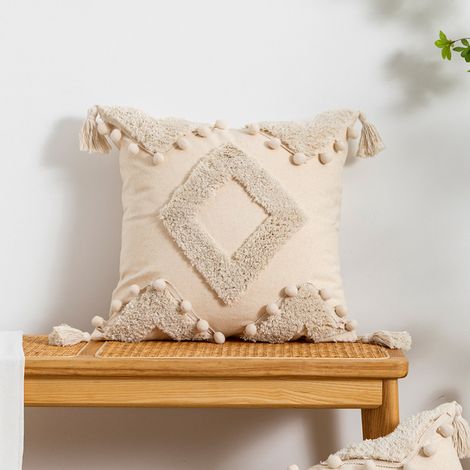 Lot de 2 housses de coussin pour salon touffetés à pompons, taies d'oreiller à pompons blanc cassé, style bohème, 45 x 45 cm (sans noyau) (1/5)