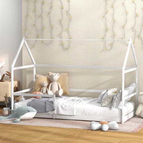Kinder-Hochbett 90x190 cm, Kinderhausbett mit Absturzsicherung, Lattenrost und Dach inklusive (1/5)