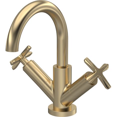 Balterley Levedale Mono Basin Mixer Tap with Dual Crosshead Handles, Swivel Spout & Push Button Waste - Brushed Brass Finish