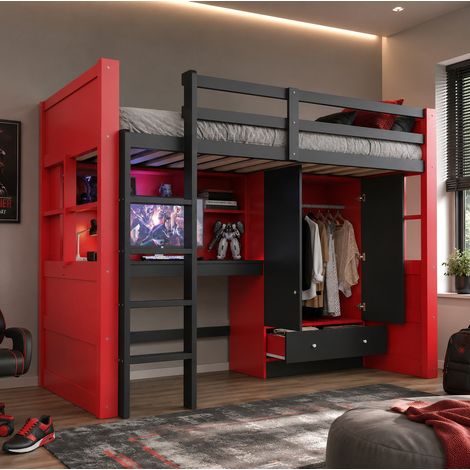 Letto a soppalco per bambini in legno 90x200 cm con illuminazione a LED, prese elettriche, scrivania, contenitore e armadio, nero e rosso (1/5)