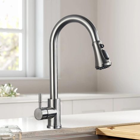 Zamery – Mitigeur de cuisine avec douchette extensible – Acier inoxydable – Rotatif 360° – 3 modes de pulvérisation – Installation facile (1/5)