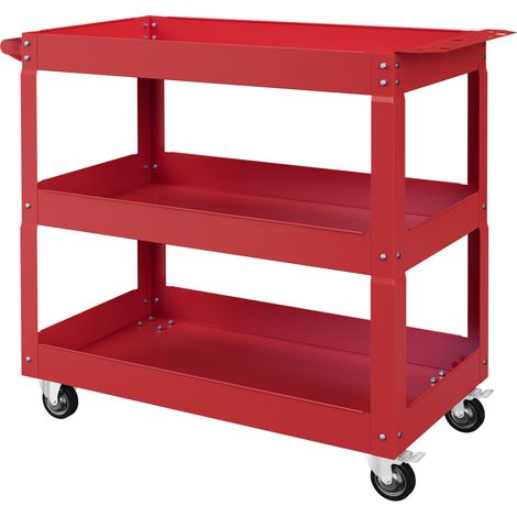 Werkstattwagen aus rotem Stahl mit 3 Ablagen, 150 kg Tragkraft, 83x35,3x76 cm, Rädern und Griff.