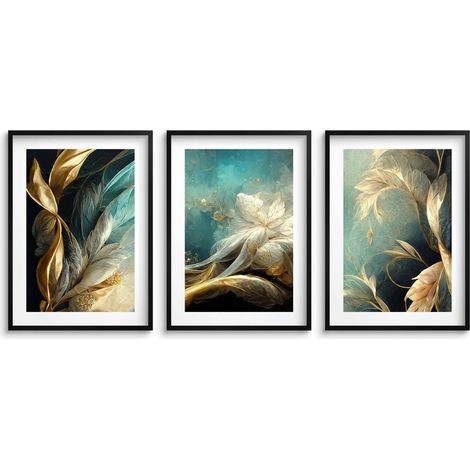 Quadri da parete in cornice nera Poster con oro per la camera da letto del soggiorno Fiore