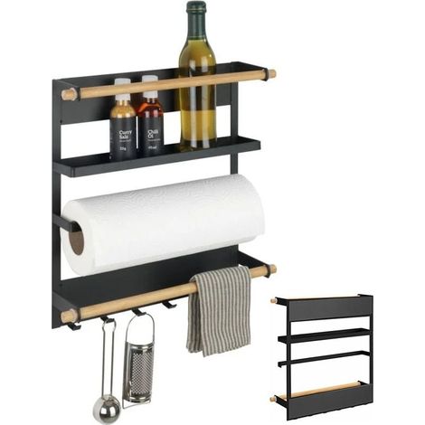 Magnetic refrigerator spice rack – Black metal paper towel holder – Hooks for kitchen utensils – Dimensions 27.5 x 34 x 6 cm (1/5)