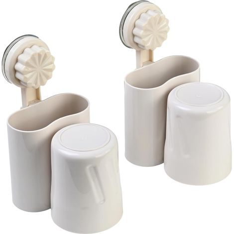 Lot de 2 porte-brosses muraux 3-en-1 avec ventouse (PET + PP), beige clair, pour brosse électrique et gobelet (1/5)
