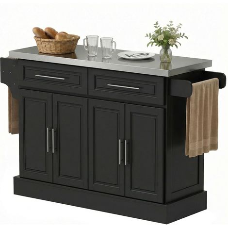 Îlot de cuisine sur réglables pliable 145 x 45 x 93 cm noir pour salon roulettes, plateau acier inoxydable, tiroirs, étagères réglables, porte-épices, porte-serviettes, (1/5)
