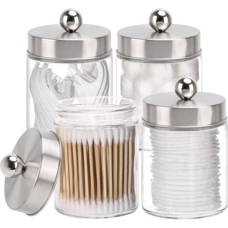 Wattestäbchenbehälter – Gehärtetes Glas, 283 ml, mit Metalldeckel – Für Bad und Küche – 4er-Set (1/5)