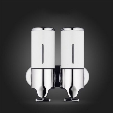 450ML x 2 Distributeur de Savon Mural, Distributeur de Savon à Main à Double Tête Distributeur Liquide Shampooing Gel Douche pour Cuisine Salle de Bains Hôtel (Blanc)