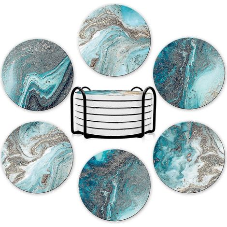 2023 - Dessous de verre, lot de 6 dessous de verre ronds en céramique absorbante avec base en liège et support, 10 cm, marbre turquoise (1/5)