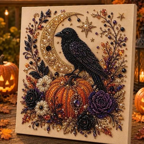 DIY Halloween Raven Pumpkin Handmade Pearl Painting Bedroom Decor Set - 2020cm (Unframed)