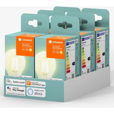 Ledvance lampada Smart LED con Bluetooth Mesh, controllabile anche con Alexa e Google Assistant, sostituisce le tradizionali lampade 60W, bianco caldo (2700K), Smart Dimmable, 6 confezione (1/5)