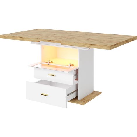 Mesa de comedor extensible 110-140 cm en MDF blanco efecto madera con LED y almacenaje (1/5)