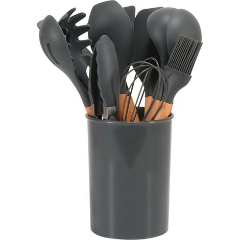 Ensemble de 11 Ustensiles de Cuisine en Silicone avec Poignée en Bois et Seau de Rangement, Résistant à la Chaleur, Idéal pour Camping et Cuisine, Gris Foncé (1/5)