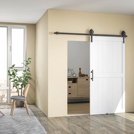 Porta coulissante de style campagnard avec rail et poignée en bois et acier, 106,6 x 213,4 cm, blanc et noir (1/5)