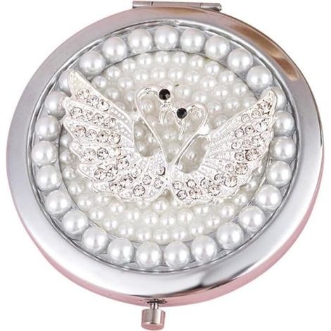 Miroir de maquillage miniature pliable double face orné de perles et de strass, boîtier rond vintage en métal, pour les voyages et le quotidien