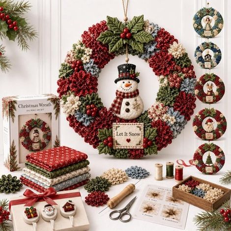 Kit de couronne de Noël en tissu 3D - Kit de couronne de Noël à faire soi-même - Accessoires complets - Projet créatif - Couronne bonhomme de neige - Décoration de porte - Ornement de Noël - Pour port (1/5)