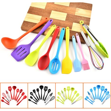 Juego de 10 utensilios de cocina de silicona: cuchara, espátula, cucharón, utensilios de cocina antiadherentes resistentes al calor y platos. (1/5)