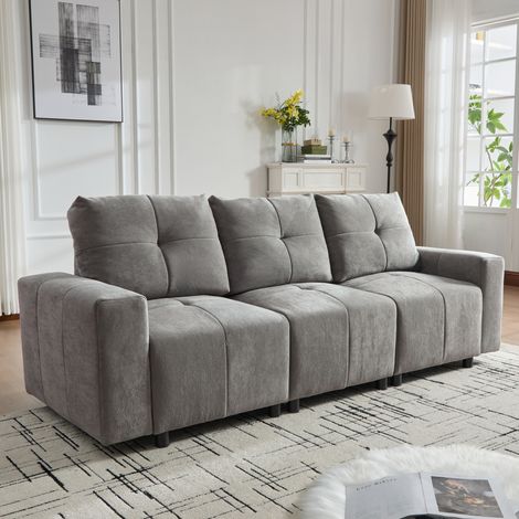 Sofa 3-Sitzer aus Chenille in Grau, 213x94x84 cm, mit Schlaffunktion, verstellbarer Sitztiefe, Massivholzrahmen (1/5)