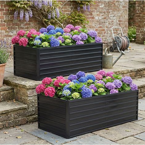 Carré potager 190x90x64 cm noir en métal avec base ouverte et montage facile (1/4)