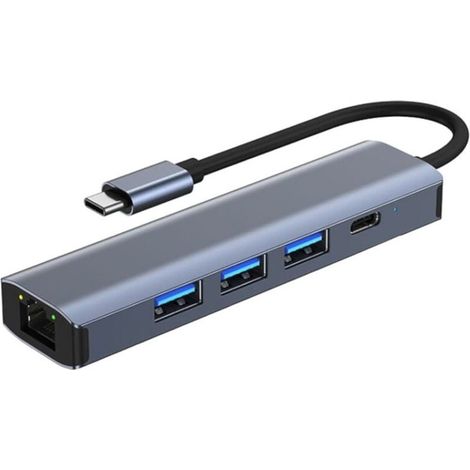 Hub USB BYL-2302 5 en 1 USB Tipo-C/USB 3.0+Tipo C 100W+RJ45 Gris (1/5)