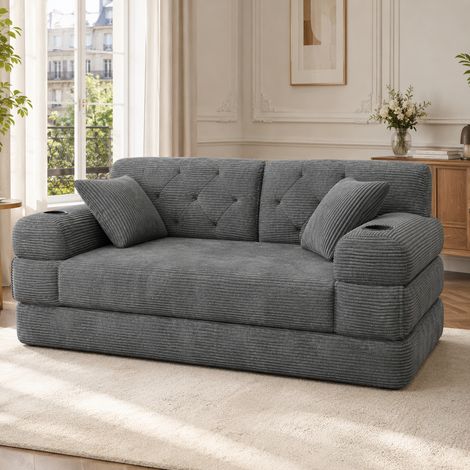 Sofá cama de 3 plazas (208x80x81 cm), respaldo alto, con bolsillos laterales y portavasos, tejido de pana, gris oscuro (1/5)