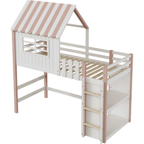 Letto a soppalco per bambini 90x200 cm a casetta in legno di pino rosa con scala e rete (1/5)
