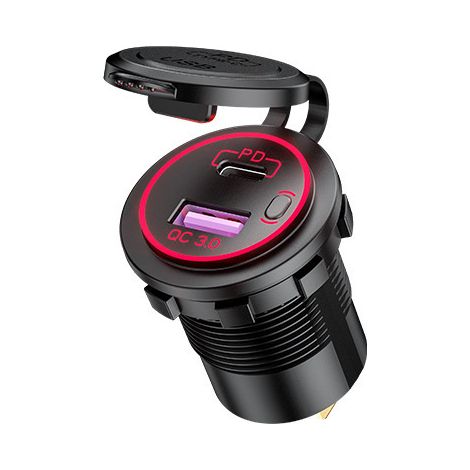 Caricabatterie USB modificato, adatto per auto, moto e barche, con display digitale, 3 porte USB e adattatore per accendisigari, colore rosso.