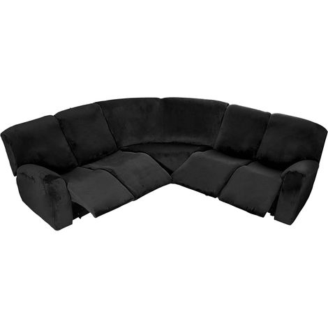 5-seater stretch velvet corner sofa cover – Stretchable cover for reclining sectional sofas, thick, soft, washable (black, velvet) (1/5)