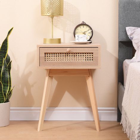 FURNITURE HMD Rattan Bedside Table with 1 Drawers,Natural-40x30x54.5cm(WxDxH)