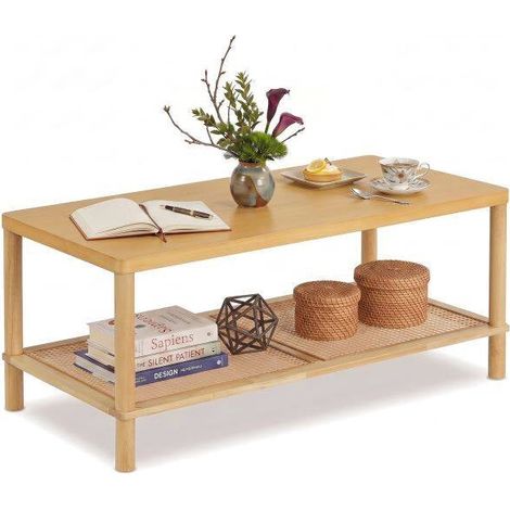 Boho Coffee Table with Rattan Shelf and Rubber Wood Frame (1/5)