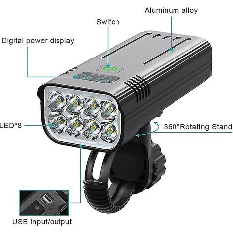 Éclairage vélo LED avant avec batterie rechargeable USB 10 000 mAh, 30 000 lumens (1/3)