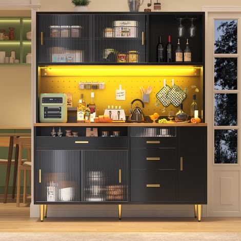 Colonne de cuisine-ARMOIRE HAUTE-LED-ETAGERES PERFOREES-NOIR-MEUBLE STOCKAGE-145x39x171cm (1/5)