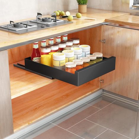 Organiseur de placard de cuisine coulissant extensible, 42Profondeur x 35Largeur x 7Hauteur cm, pas besoin de percer ni de clouer (Noir) (1/5)