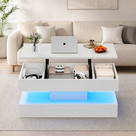 Mesa baja elevable LED con almacenaje oculto, 100 x 50 x 42 cm, blanca DESVIAE (1/5)