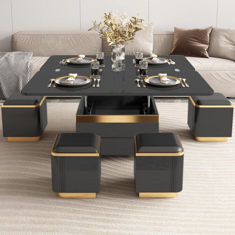 Table basse relevable avec plateau en verre – 4 tabourets de rangement intégrés – Design moderne pour salon et salle à manger