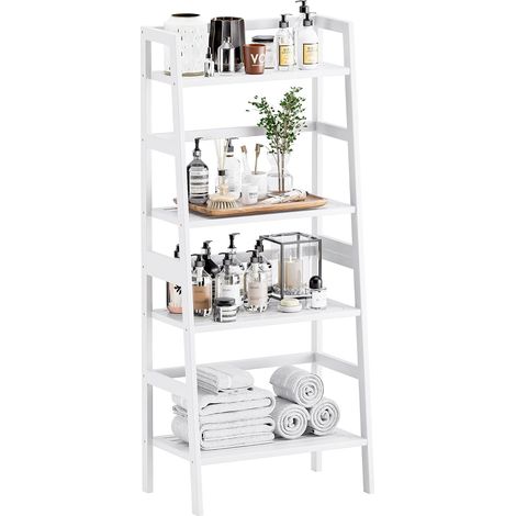 Étagère à échelle à 4 Niveaux, bibliothèque en Bambou, Organisateur de Rangement pour la Salle de Bain, Fleur Plante Présentoir, Blanc (1/5)