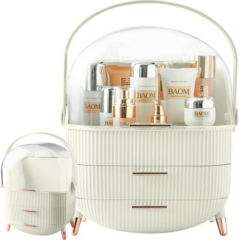Organisateur de maquillage avec tiroirs, blanc, grande capacité, en plastique, portable avec poignée, design élégant (1/5)