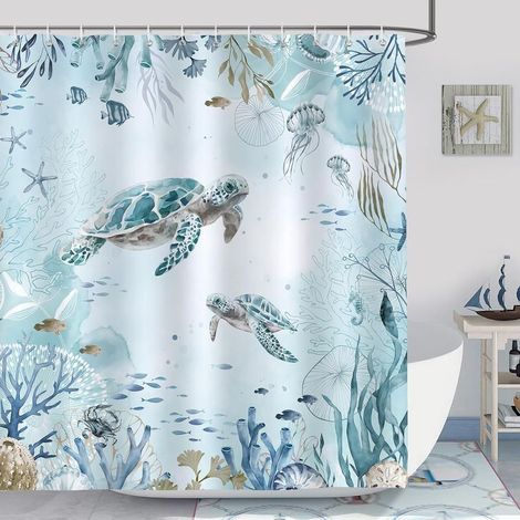 Duschvorhang aus Polyester, 180 × 180 cm, Meeresschildkrötenmotiv, Ozeanblau, wasserdicht, schimmelresistent, waschbar, inklusive 12 Haken für die Badewanne (1/5)