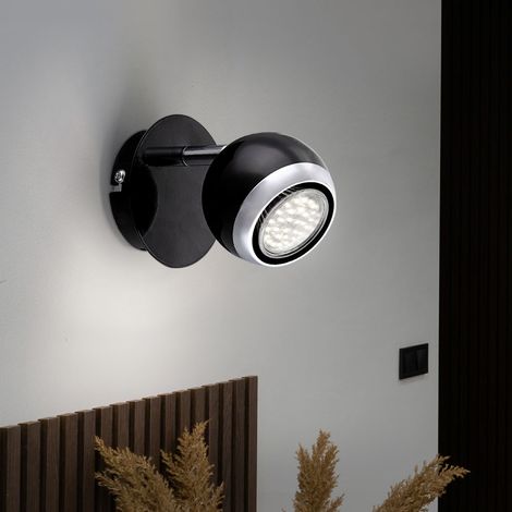 Wandlampe Metall Chrom Wandspot verstellbar LED Strahler, beweglicher Spot, schwarz ring Design, 1x LED 3W 250 lm warmweiß, H 11,5 cm