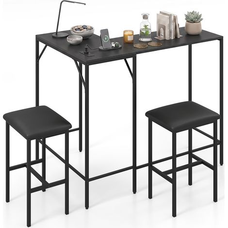 Ensemble Table de Bar avec 2 Tabourets Ensemble Table Haute Convertible, avec Borne de Recharge Intégrée, Structure Métallique, Noir (1/5)