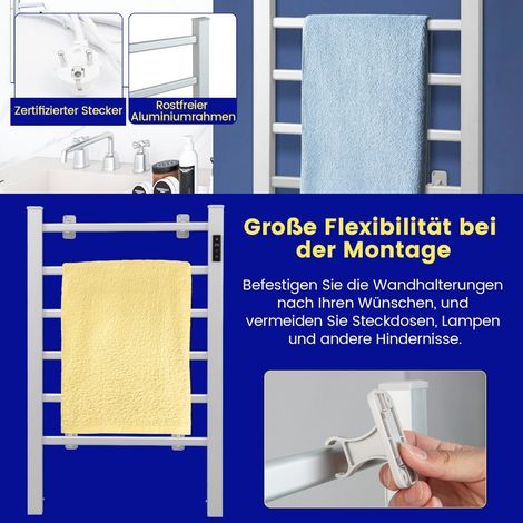 Porte-serviettes chauffant argenté en aluminium avec minuteur 1-8 h et protection anti-surchauffe pour salle de bain et buanderie (1/5)