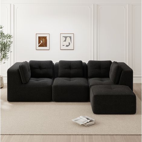 Modulares Ecksofa 297x177x69 cm Schwarz Cord mit Ottomane, tiefer Sitzfläche und ohne Montage (1/5)