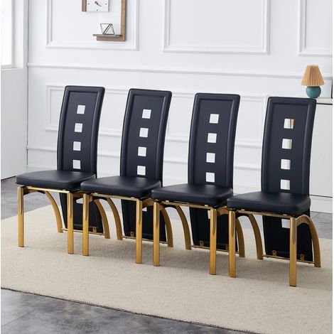 Lot de 2 chaises de salle à manger en cuir régénéré noir, dossier à motif géométrique ajouré, pieds en métal doré, assise 5 cm, 120 kg, pour salle à manger et bureau – CHICFURN (1/5)