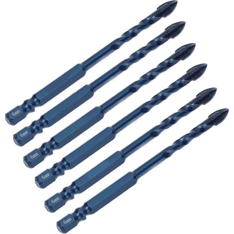 Foret carbure croix 10 pièces, queue hexagonale 1/4in, pour céramique marbre verre, bleu foncé, diamètre 6mm (1/5)