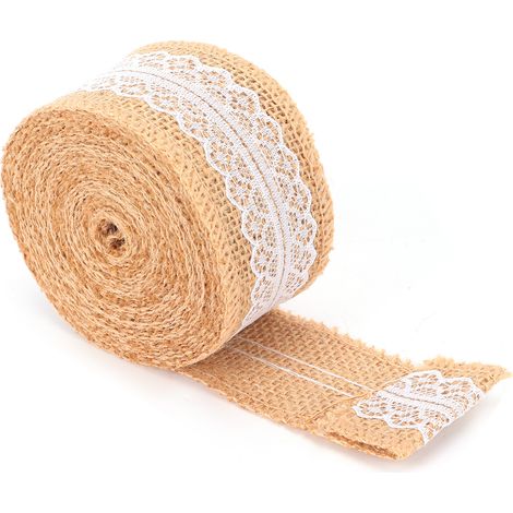 Burlap Ribbon with White Lace Natural Jute Roll for DIY Decoration Gift Packaging 5 Yards5cm Serrated Lace (1/5)