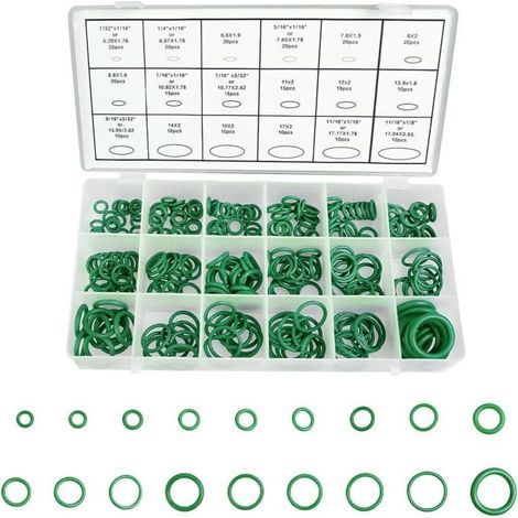 Kit surtido de 270 juntas tóricas verdes de 18 tamaños, arandelas de goma para sellado de grifos, aire acondicionado de vehículos, electrodomésticos, rodamientos y bombas. (1/4)